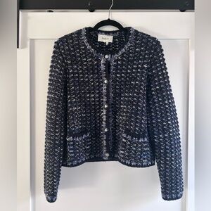 ba&sh Navy & White Bouclé Tweed Button Jacket